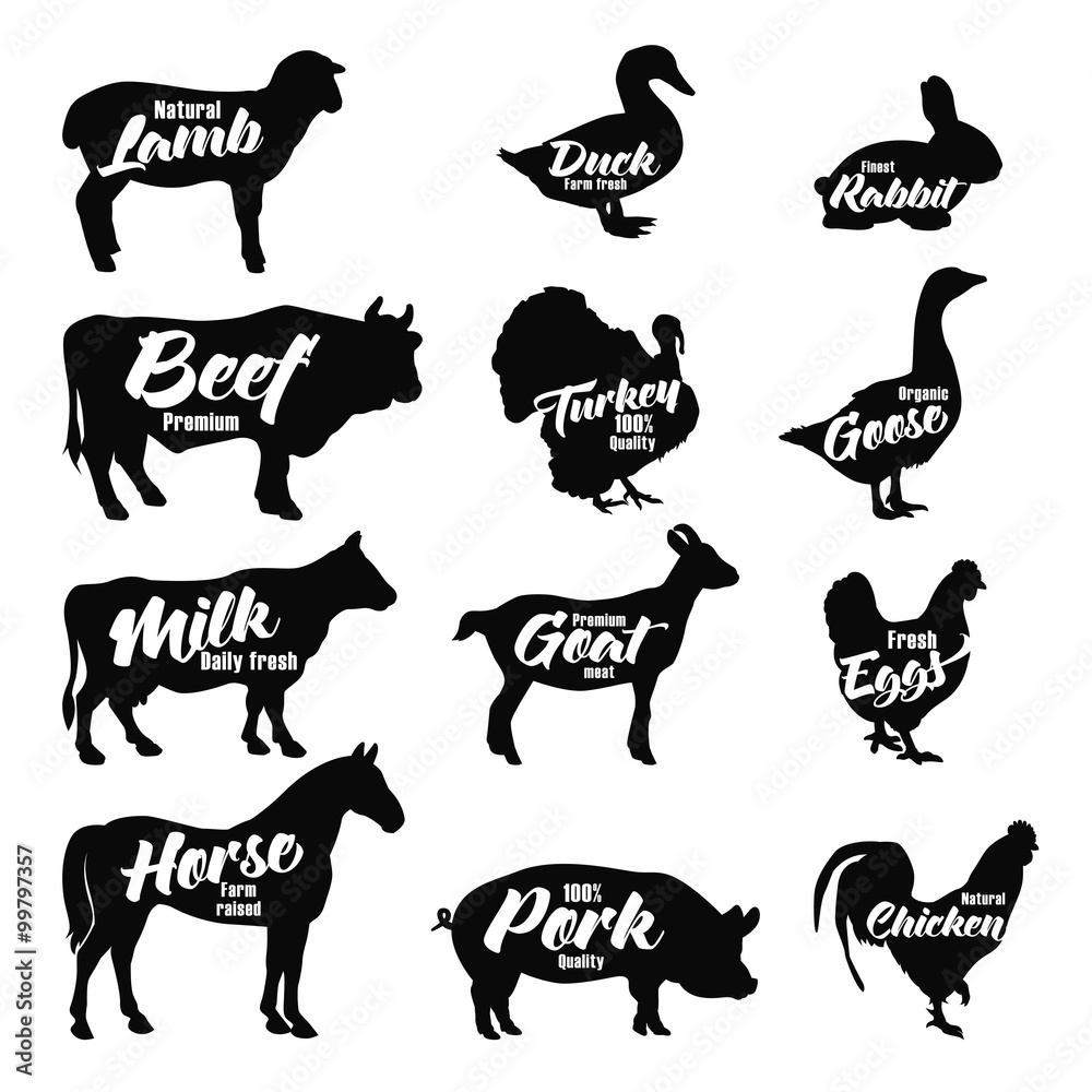Farm animals icon set. Butchery logo and label collection. Stock Vector |  Adobe Stock