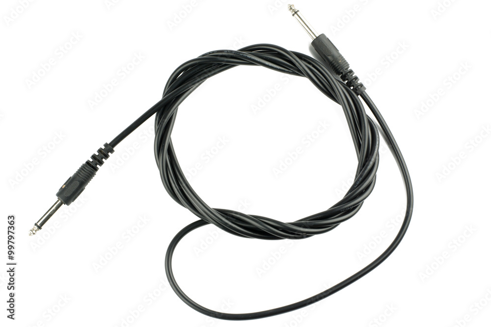 Guitar audio jack with black cable isolated on white background