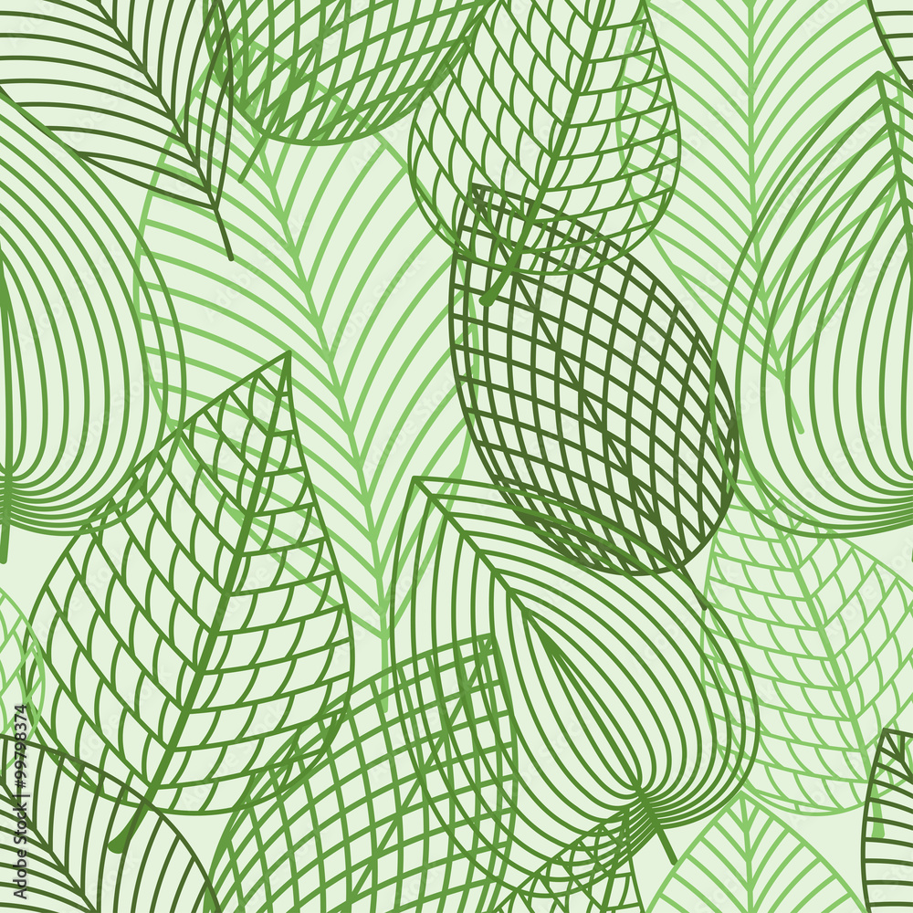 Seamless pattern of spring outline reen leaves
