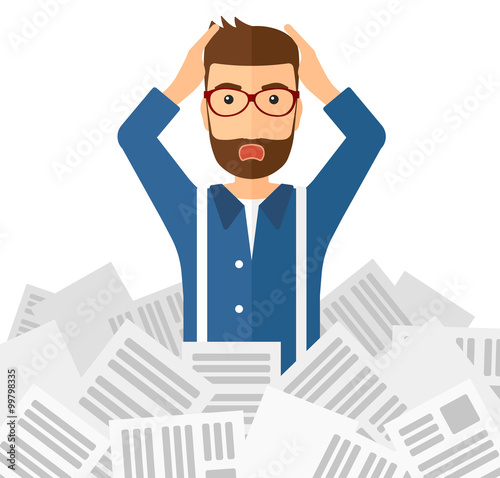 Man in stack of newspapers.