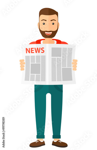 Reporter reading newspaper.