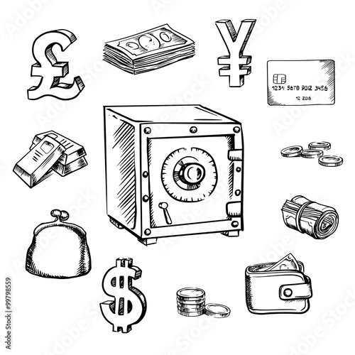 Money, currency and finance sketch icons