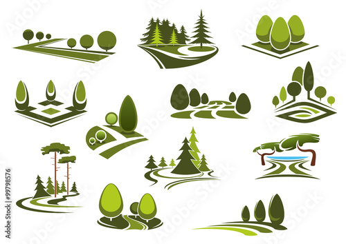 Forest, public park and garden landscapes icons