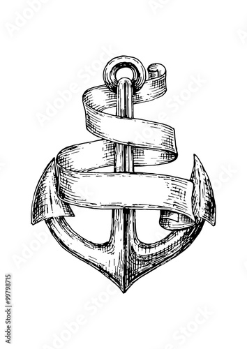 Sketch of old heraldic anchor with paper scroll photo