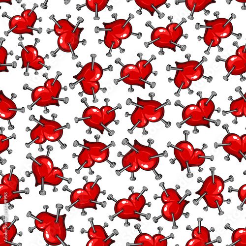 Seamless pattern of red hearts pierced with nails
