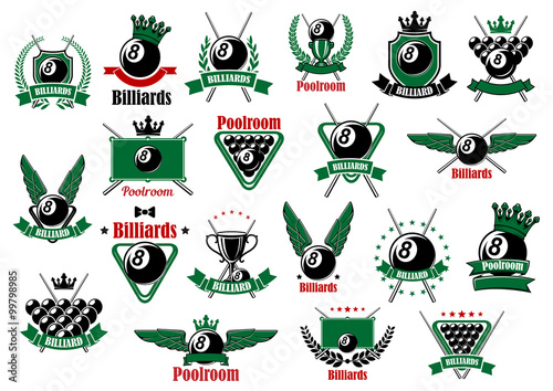 Billiards, pool and snooker sport icons