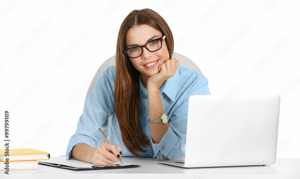 A beautiful woman working at the office, isolated on white A beautiful woman working at the office, isolated on white