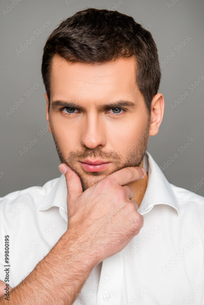 Close up photo of serious pensiveness man Close up photo of serious pensiveness man