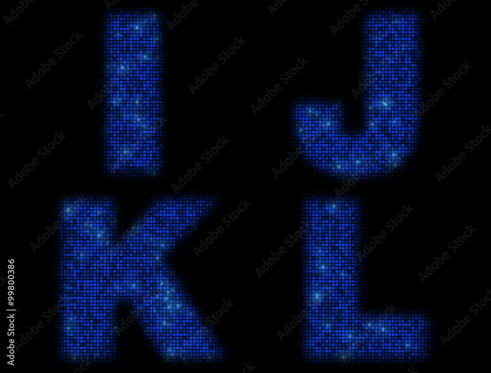 Alphabet letters made of flickering square blocks like big display Alphabet letters made of flickering square blocks like big display