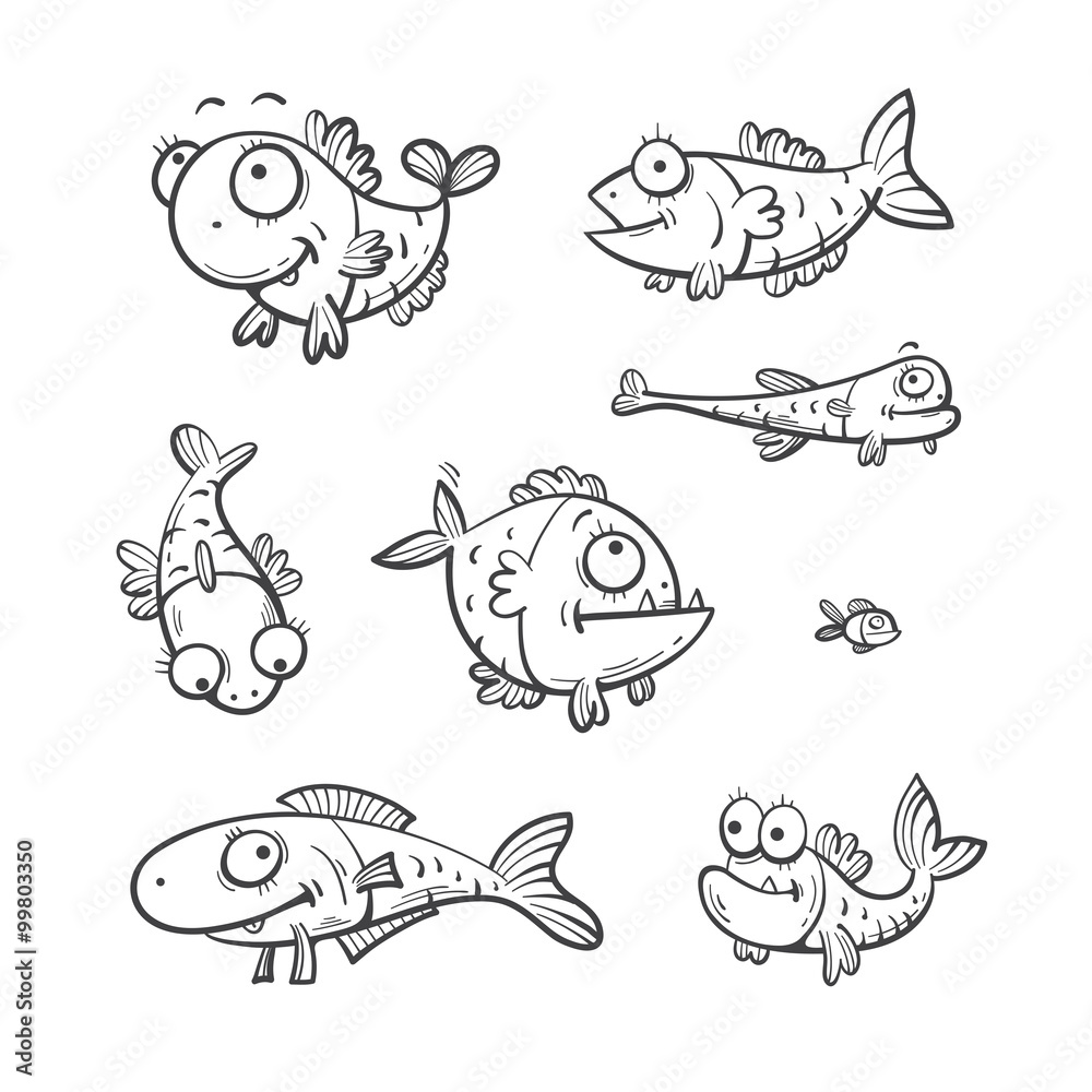 Cute cartoon fishes set of the different sizes. Doodle style. Cute cartoon fishes set of the different sizes. Doodle style.
