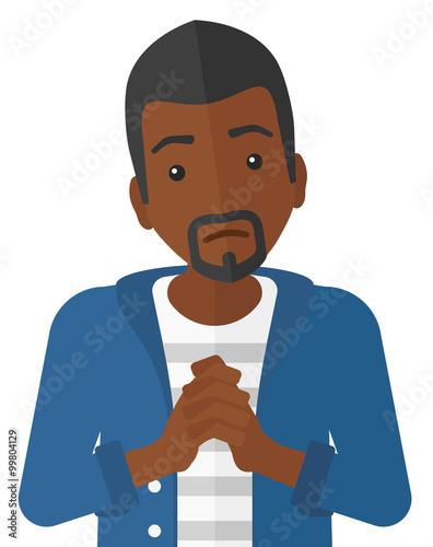 Regretful man with clasped hands.