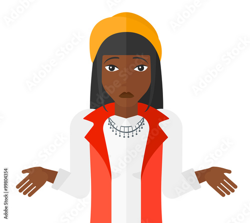 Confused woman shrugging her shoulders.