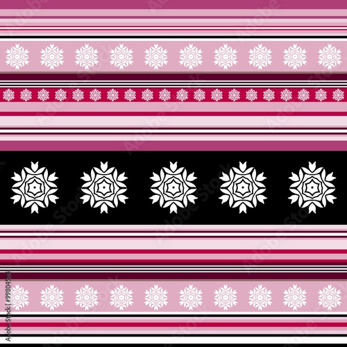 Seamless pattern - striped with floral motif in pink