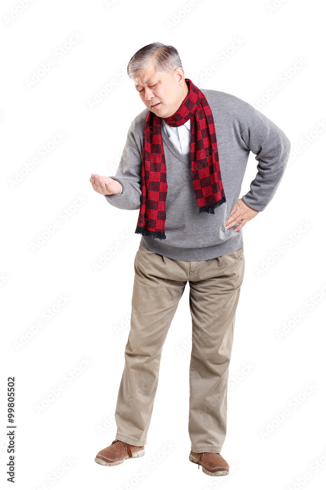 Old Asian man in sweater taking medcine