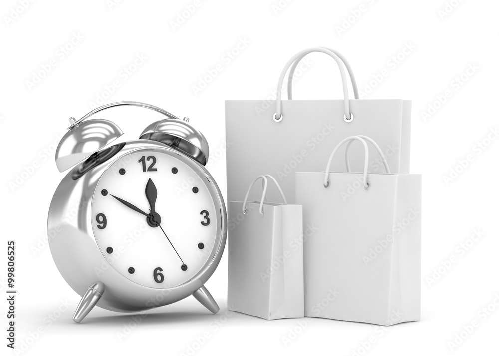 alarm clock and shopping bag (time to buy concept) alarm clock and shopping bag (time to buy concept)