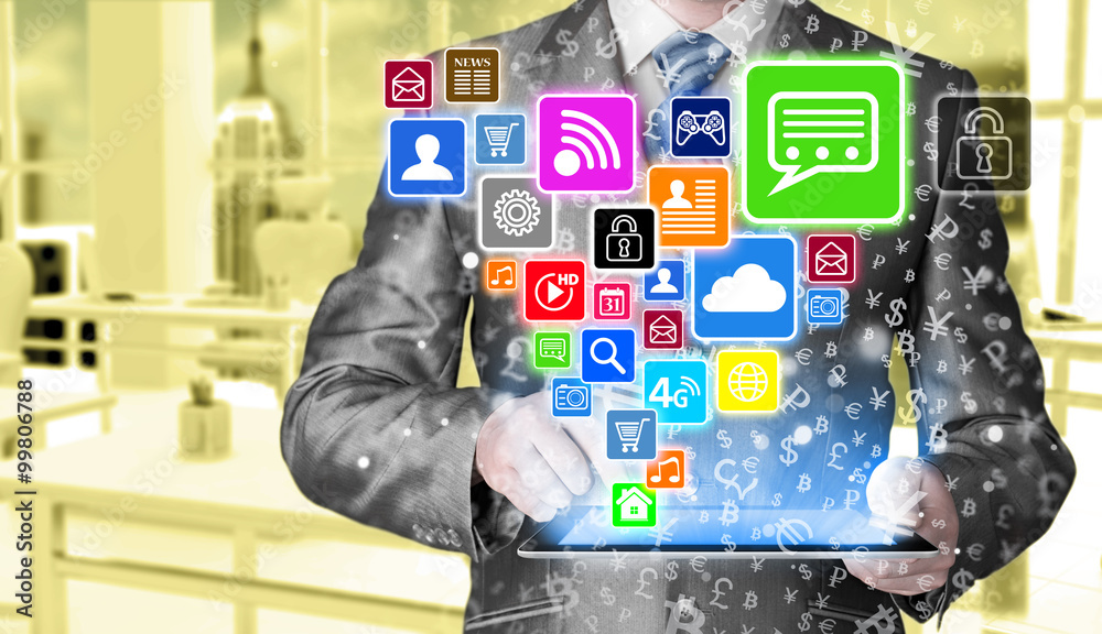 Business man using tablet PC with social media icon set Business man using tablet PC with social media icon set