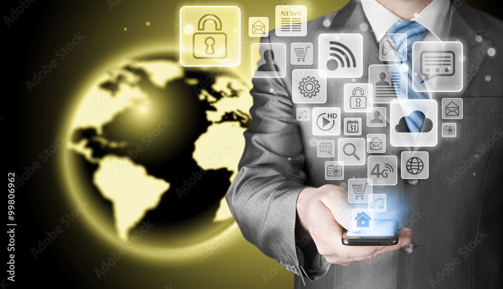 Business man using smart phone with social media icon set Business man using smart phone with social media icon set