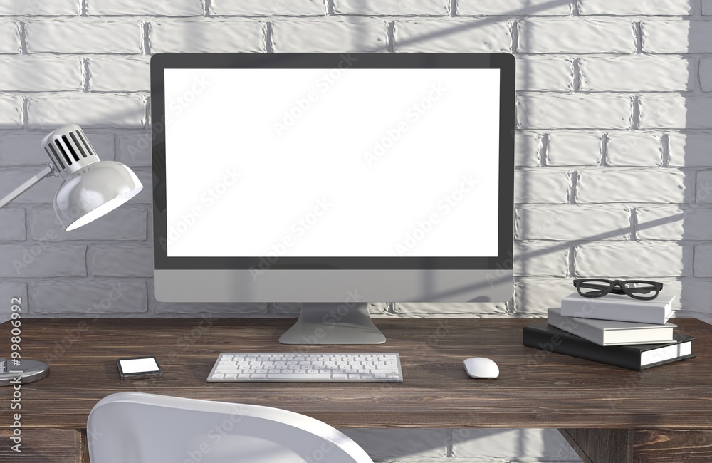 3D illustration PC screen on table in office, Workspace 3D illustration PC screen on table in office, Workspace