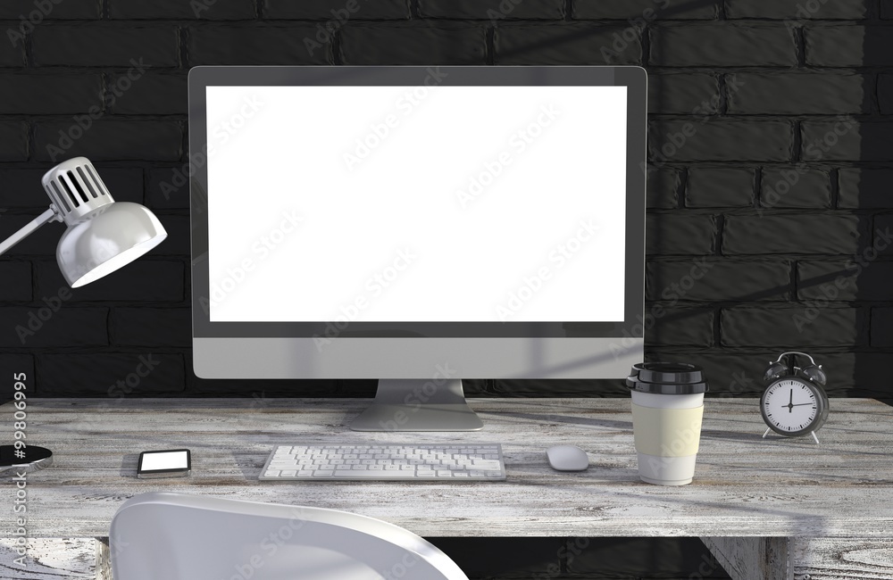 Fototapeta premium 3D illustration PC screen on table in office, Workspace