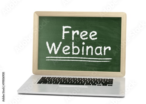  Laptop with chalkboard, free webinar, online education concept