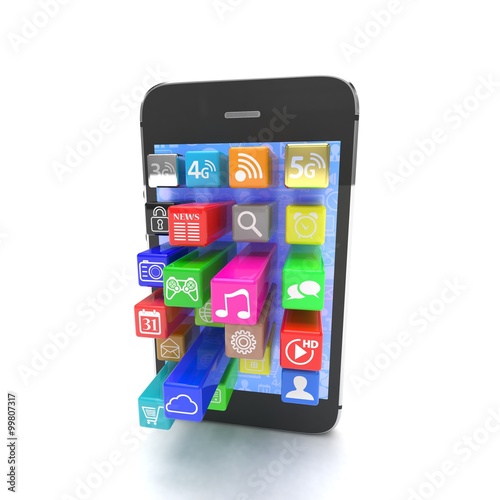  application software icons extruding from smartphone, isolated on white