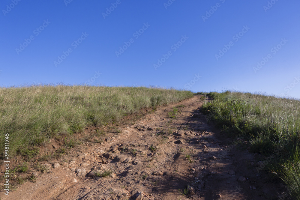 Rugged dirt road up steep rural countryside mountainside landscape