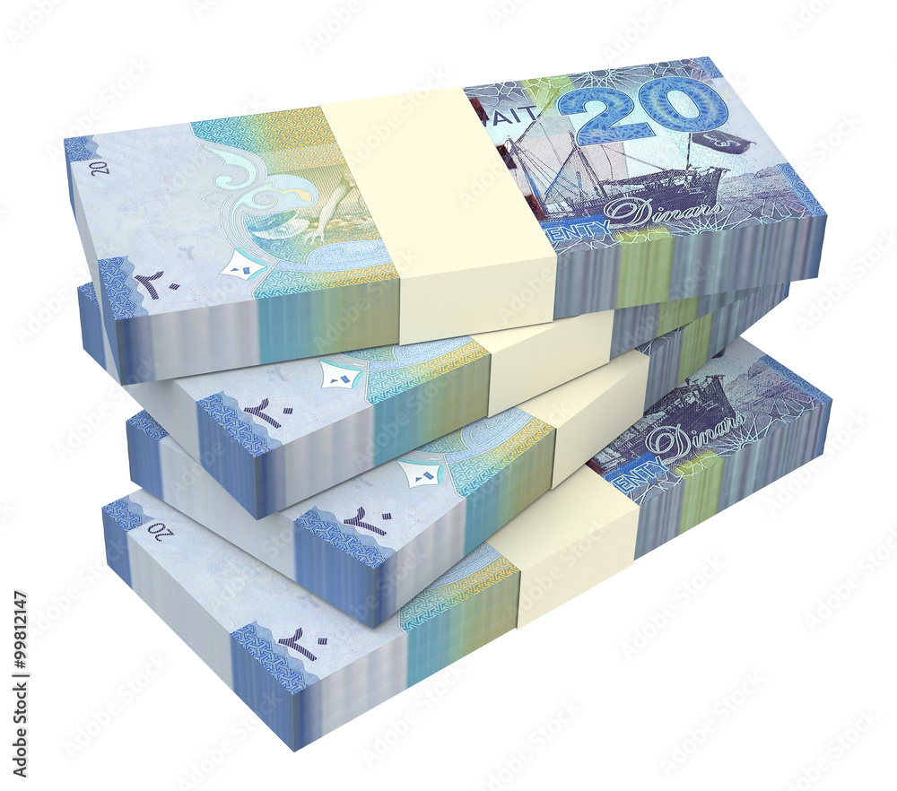 Fototapeta premium Kuwait dinars bills isolated on white background. Computer generated 3D photo rendering.