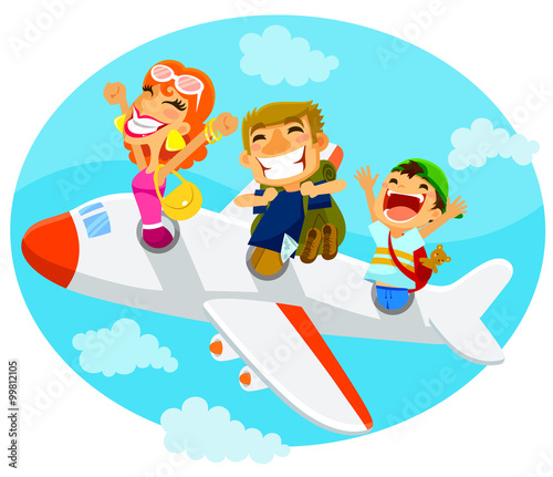 excited travelers flying in an airplane