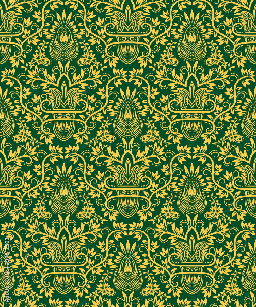 Damask seamless pattern repeating background. Golden green floral ornament in baroque style.
