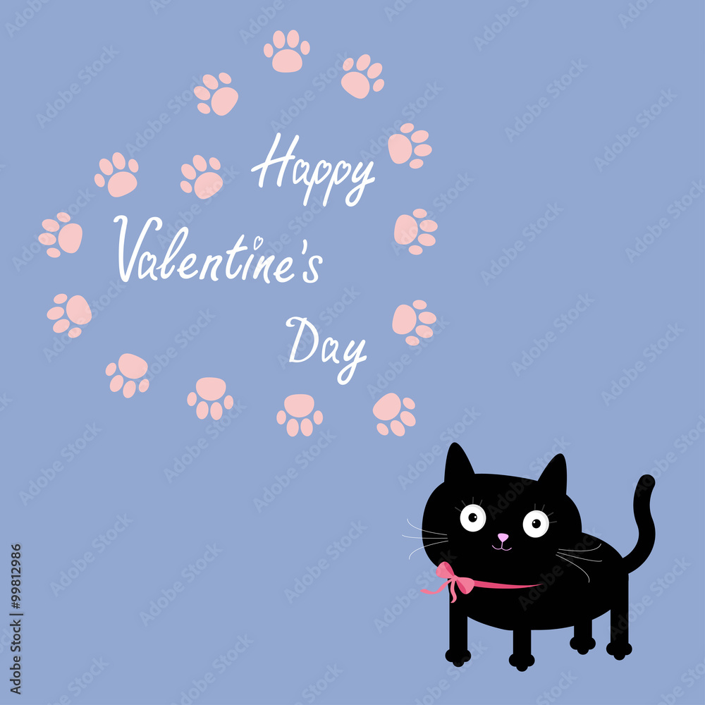 Cat and paw print heart frame template. Flat design. Happy Valentines Day Greeting card Rose quartz serenity color background