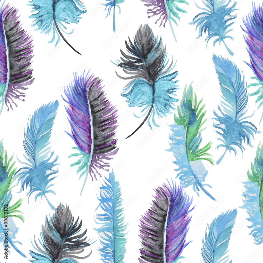 Watercolor pattern with feathers