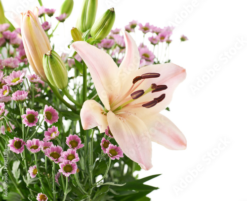 Lilies and chrysanthemus bouquet isolated