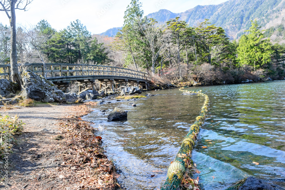 Wood bridge around at Lake Yunoko in Nikko, Japan