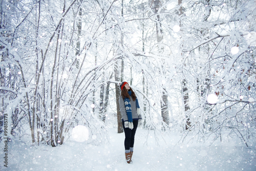 winter travel girl in forest