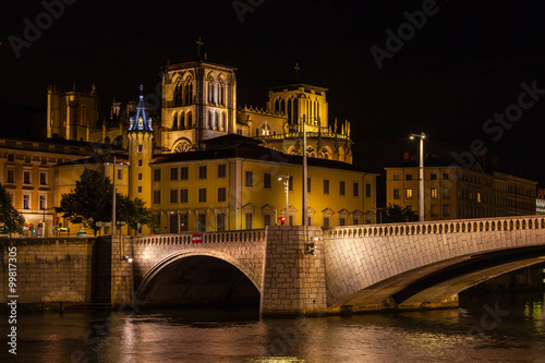 Cityscape of Lyon, France at night