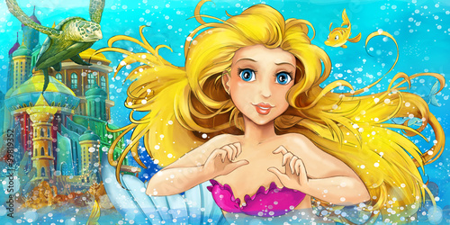 Cartoon ocean and the mermaid - illustration for the children