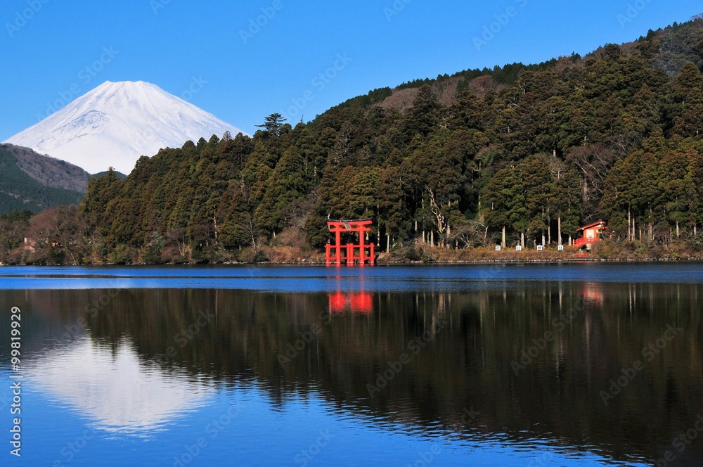 富士山と芦ノ湖と鳥居