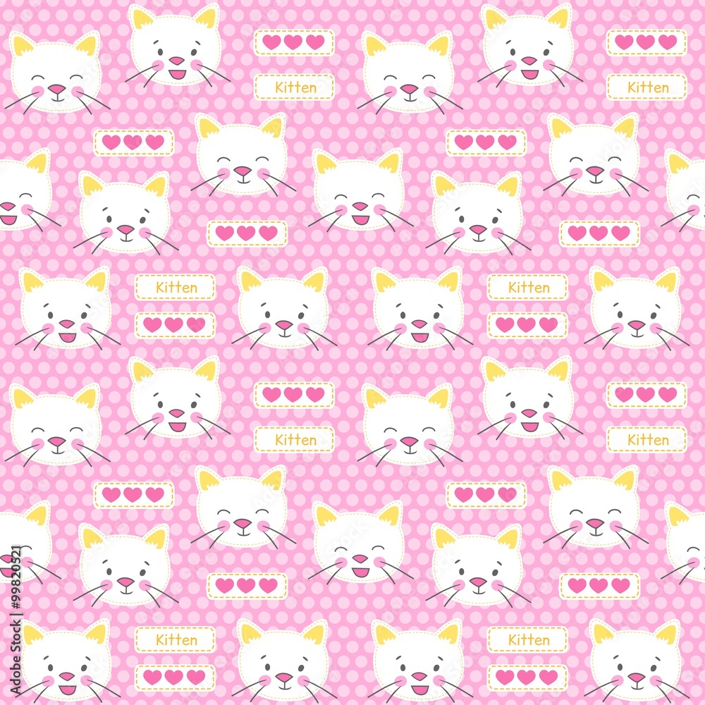 Patches kitten and hearts seamless vector pattern Patches kitten and hearts seamless vector pattern