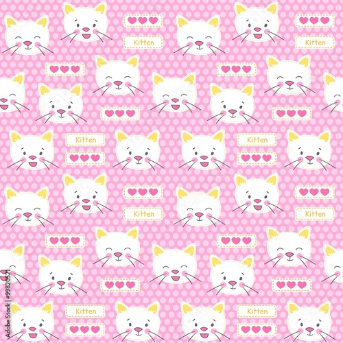 Patches kitten and hearts seamless vector pattern