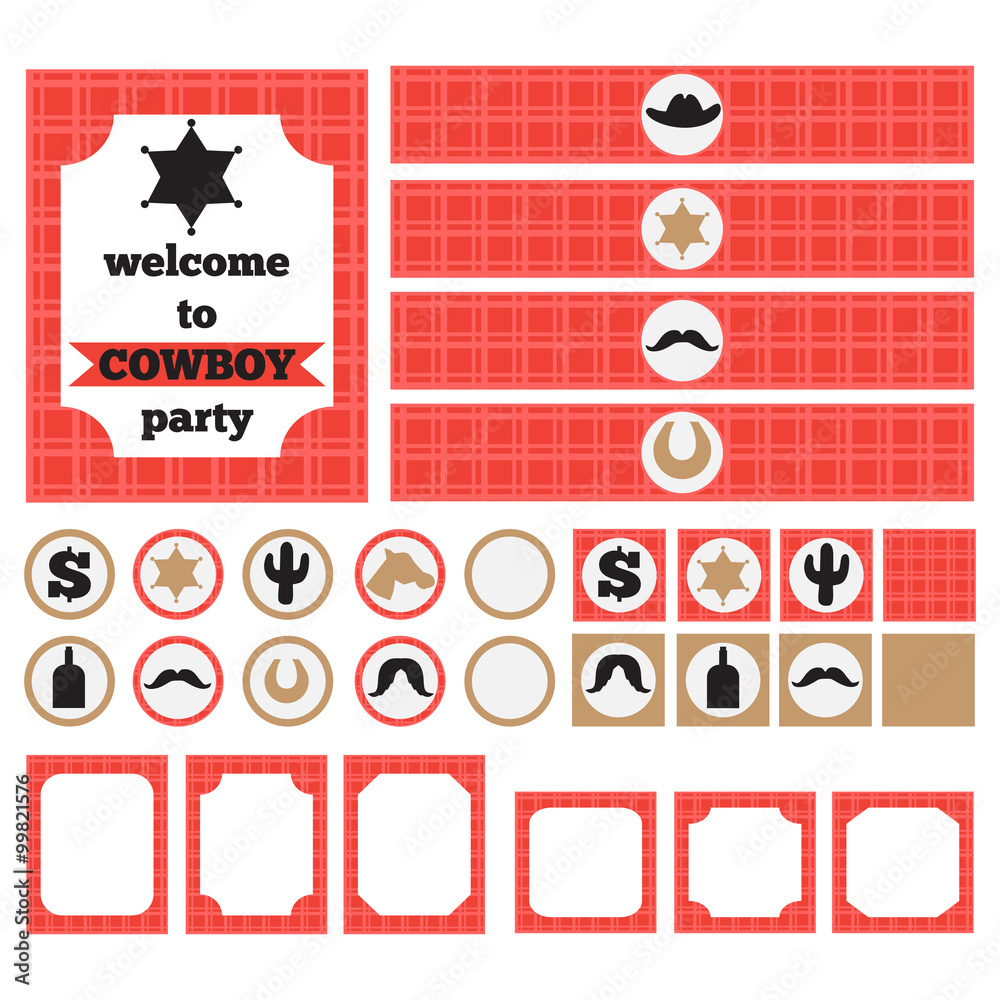 Printable set of vintage cowboy party elements Stock Vector | Adobe Stock