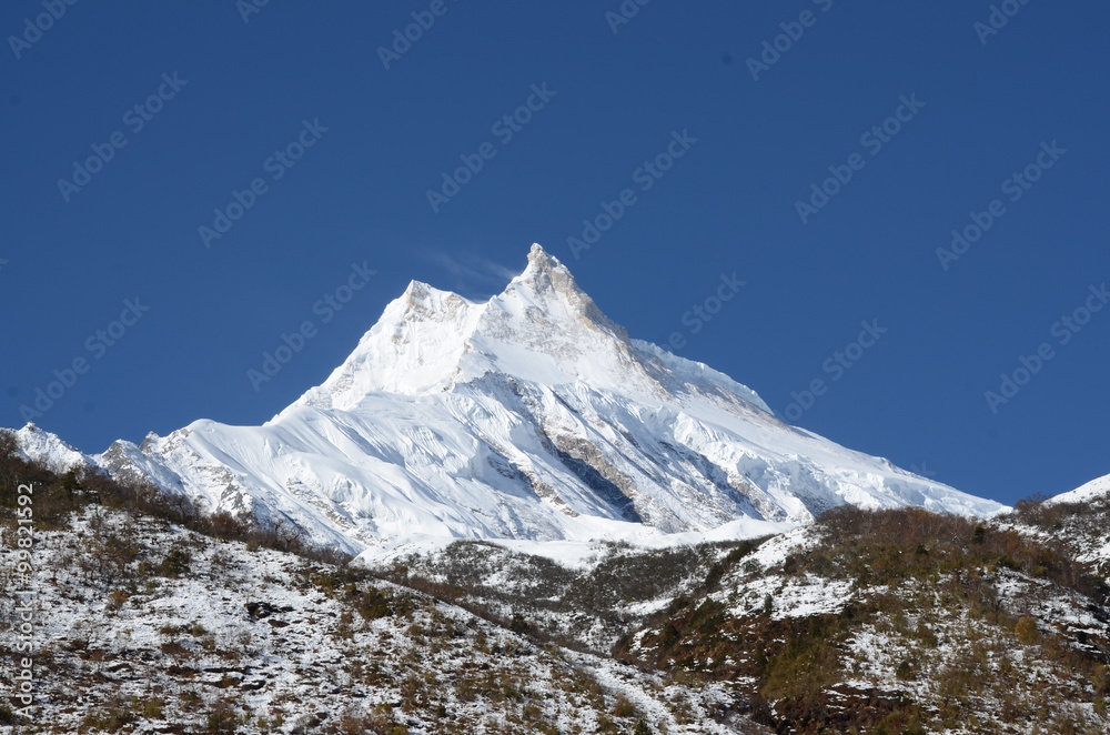 Long shot of the Manaslu mountain in the Himalayas in Nepal