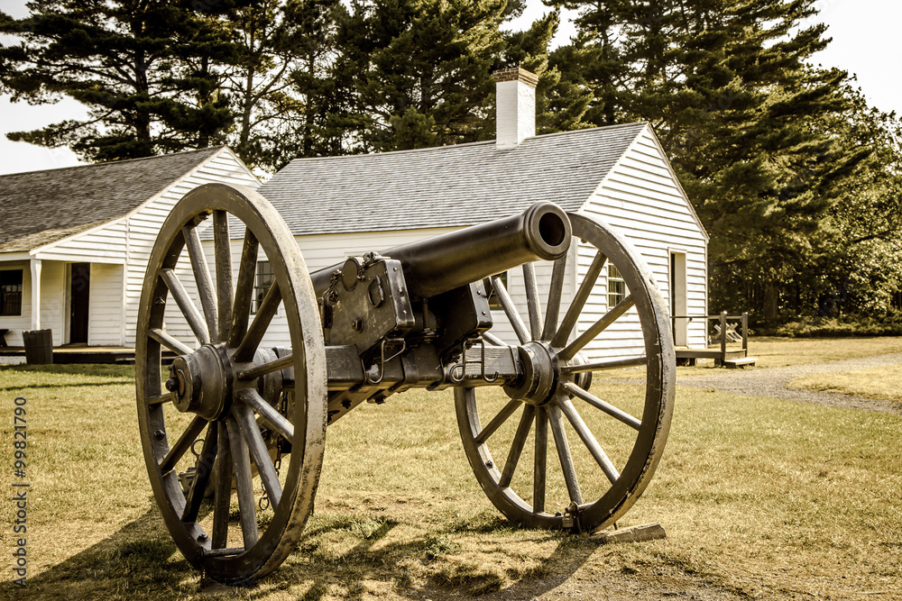 Fort Wilkins State Historical Park. Antique cannon at the restored 1800's army outpost in Copper Harbor, Michigan.