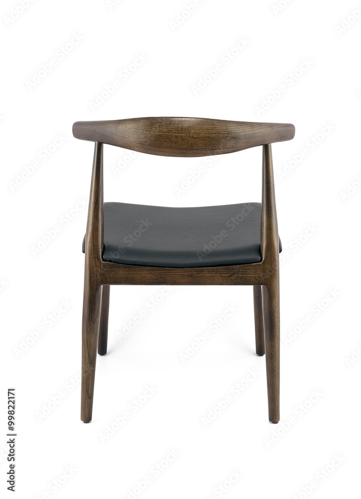 Classic Dark Brown Wood Chair with Black Leather Pad Back, Back View Classic Dark Brown Wood Chair with Black Leather Pad Back, Back View