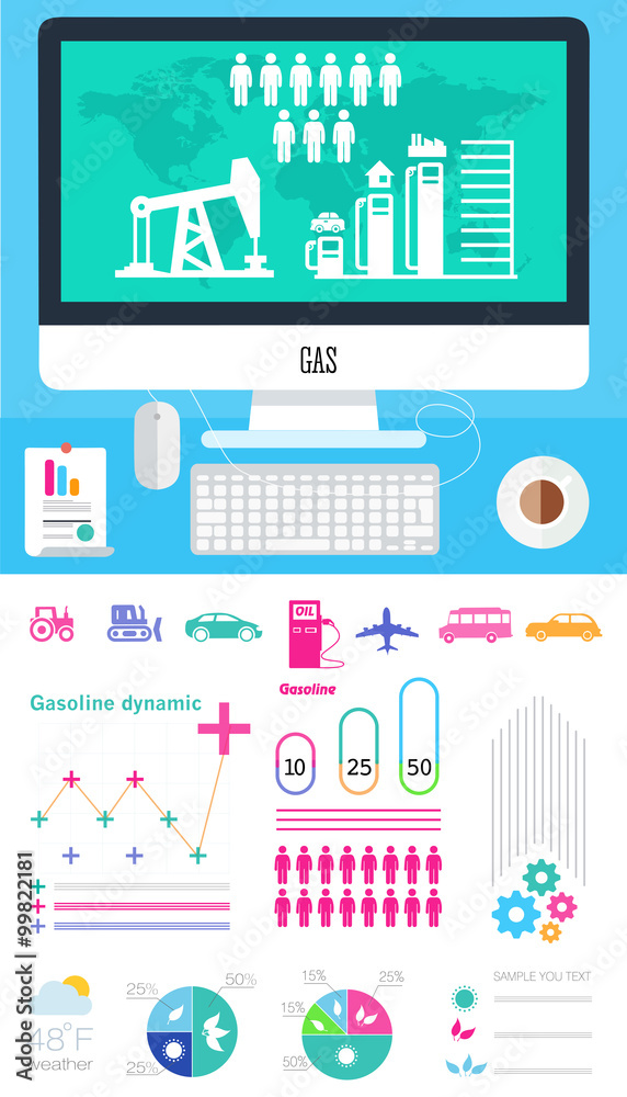 flat infographic gasoline station and plant