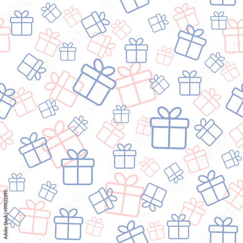 Seamless white pattern with gift boxes in trendy colors serenity and rose quarz