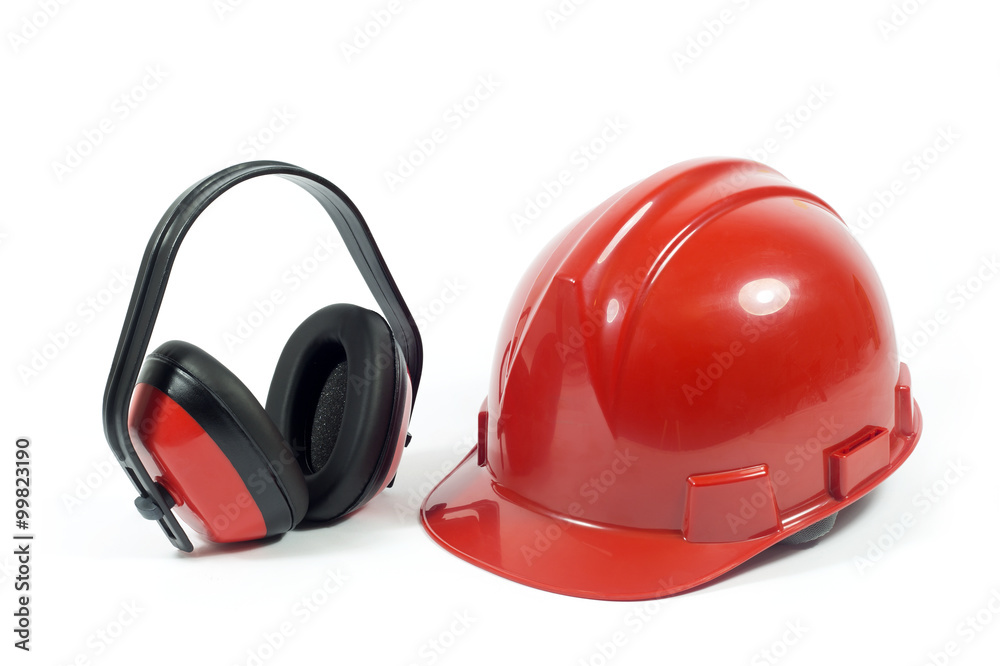 Fototapeta premium Red Hardhat And Ear Protector Isolated On White Background