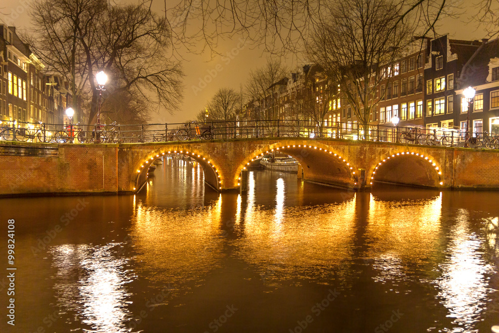 Amsterdam canal and bridge at night