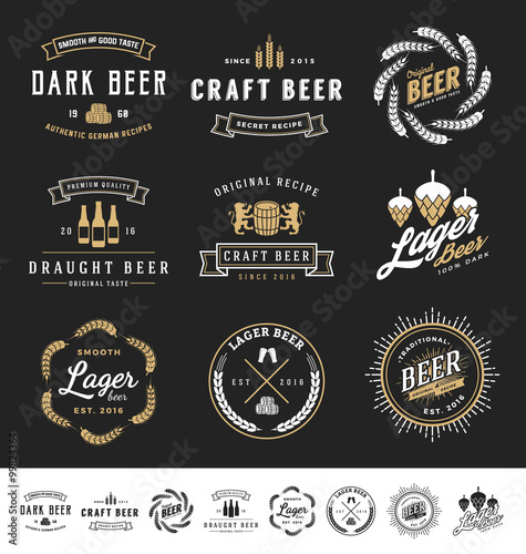 Collection of 9 Beer Logos, Badges, Stamps and Labels Design. Vector illustration