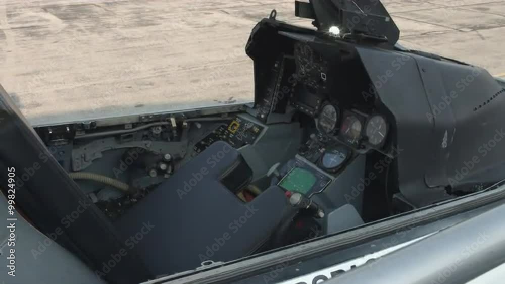 Cockpit canopy opens on a mockup of an F16 Fighting Falcon jet