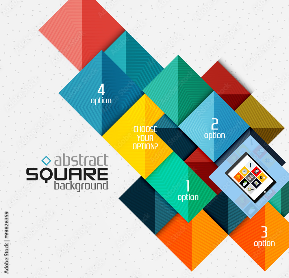 Geometric square shapes and infographic option elements with tablet Geometric square shapes and infographic option elements with tablet